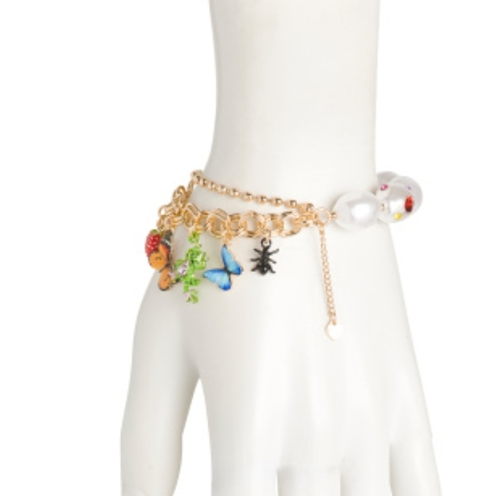 🦋🔹️Betsey Johnson🔹️ Faux Stone Butterfly Mixed Charm pearl Stretch Bracelet - Picture 4 of 5